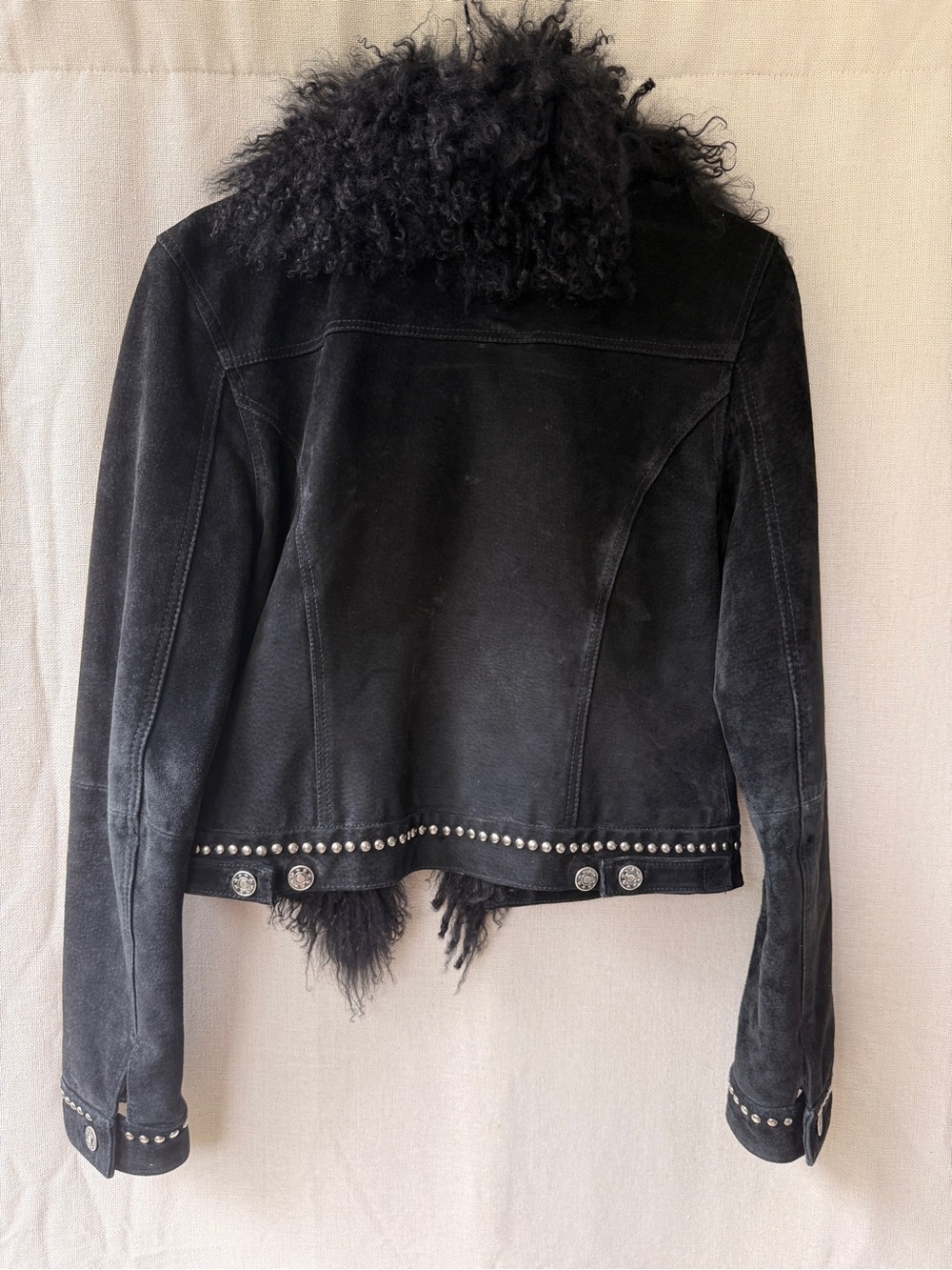 bebe Black Suede Leather Jacket with Faux Fur Trim - Picture 3 of 5